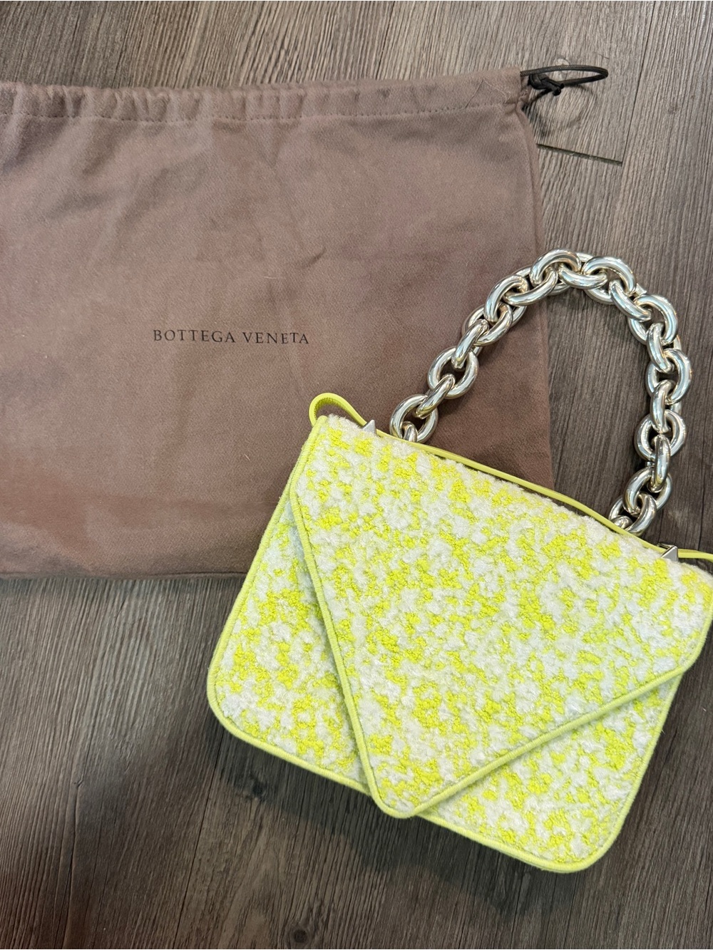 Bottega Veneta Small Mount Envelope Bag in Seagrass White| Silver- tone chain